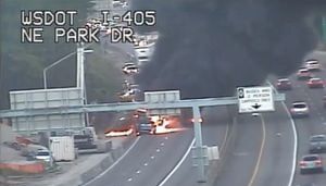 Northbound I-405 blocked in Renton after semitruck fire following hit-and-run crash