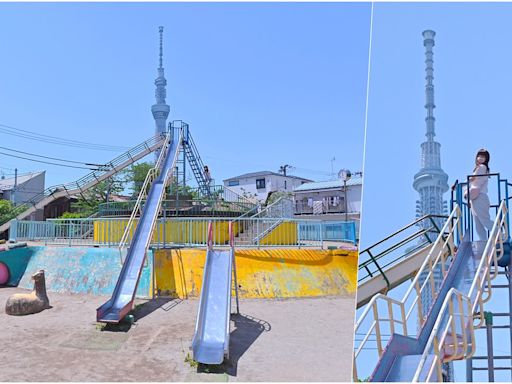東京隱藏版親子景點「京島南公園」3層樓高溜滑梯，站上頂端與藍天、晴空塔合照！