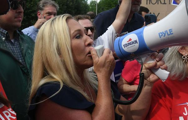 Marjorie Taylor Greene, John McGuire shouted down by protesters, cut short Albemarle County campaign rally