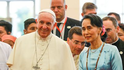 Pope appeals for Aung San Suu Kyi’s release and says she can stay with him at the Vatican