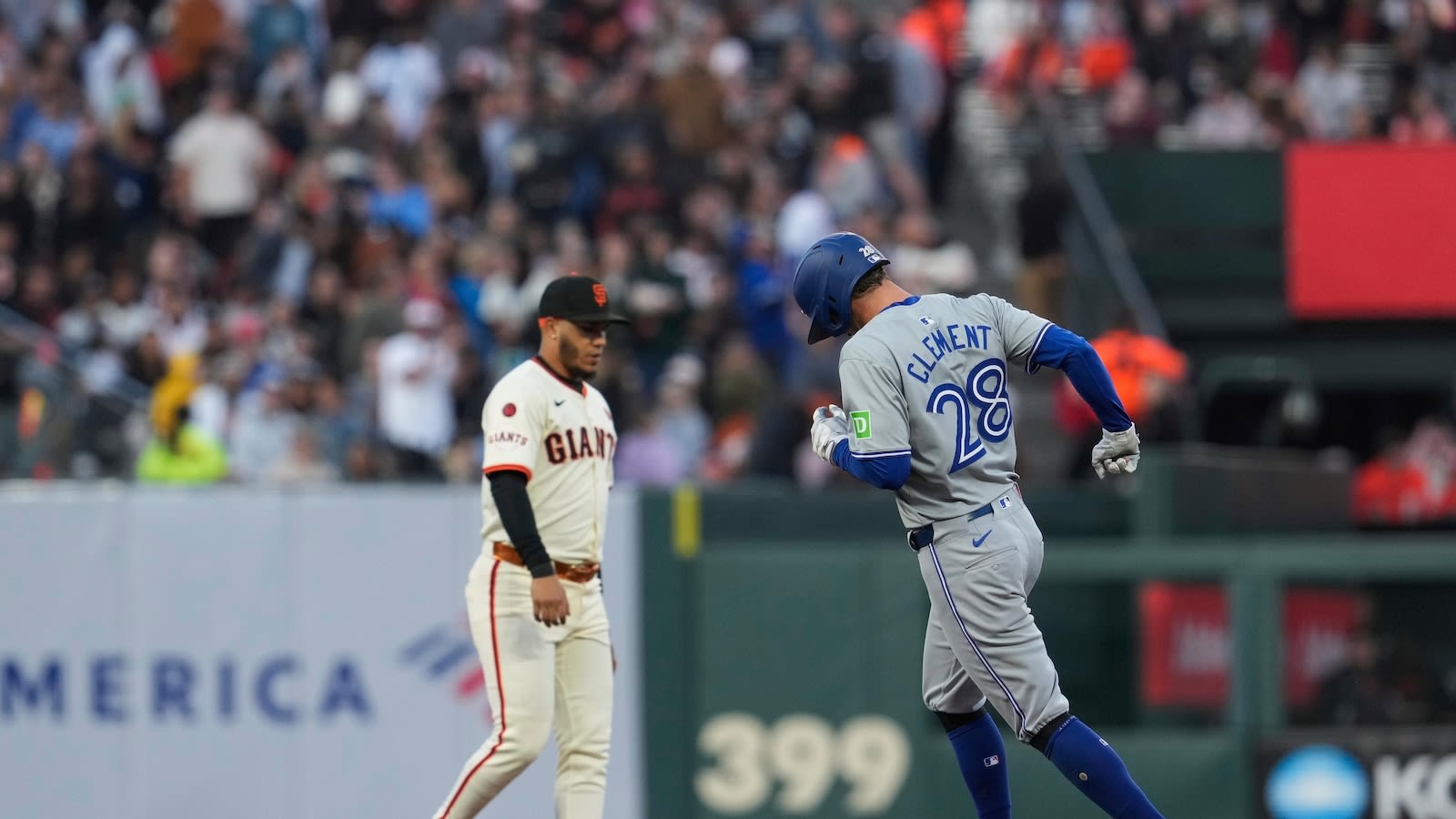 Clement homers, drives in 4 to lead Blue Jays past Giants 10-6