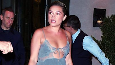 Florence Pugh goes braless in a lace cut-out dress during NYFW