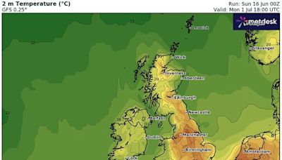 UK weather maps suddenly turn dark red as 26C heat bomb covers most of Britain