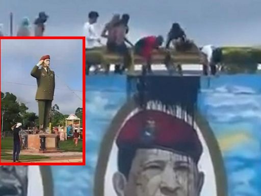 Tumban otra estatua de Hugo Chávez en Venezuela y dañan mural donde aparecía su rostro