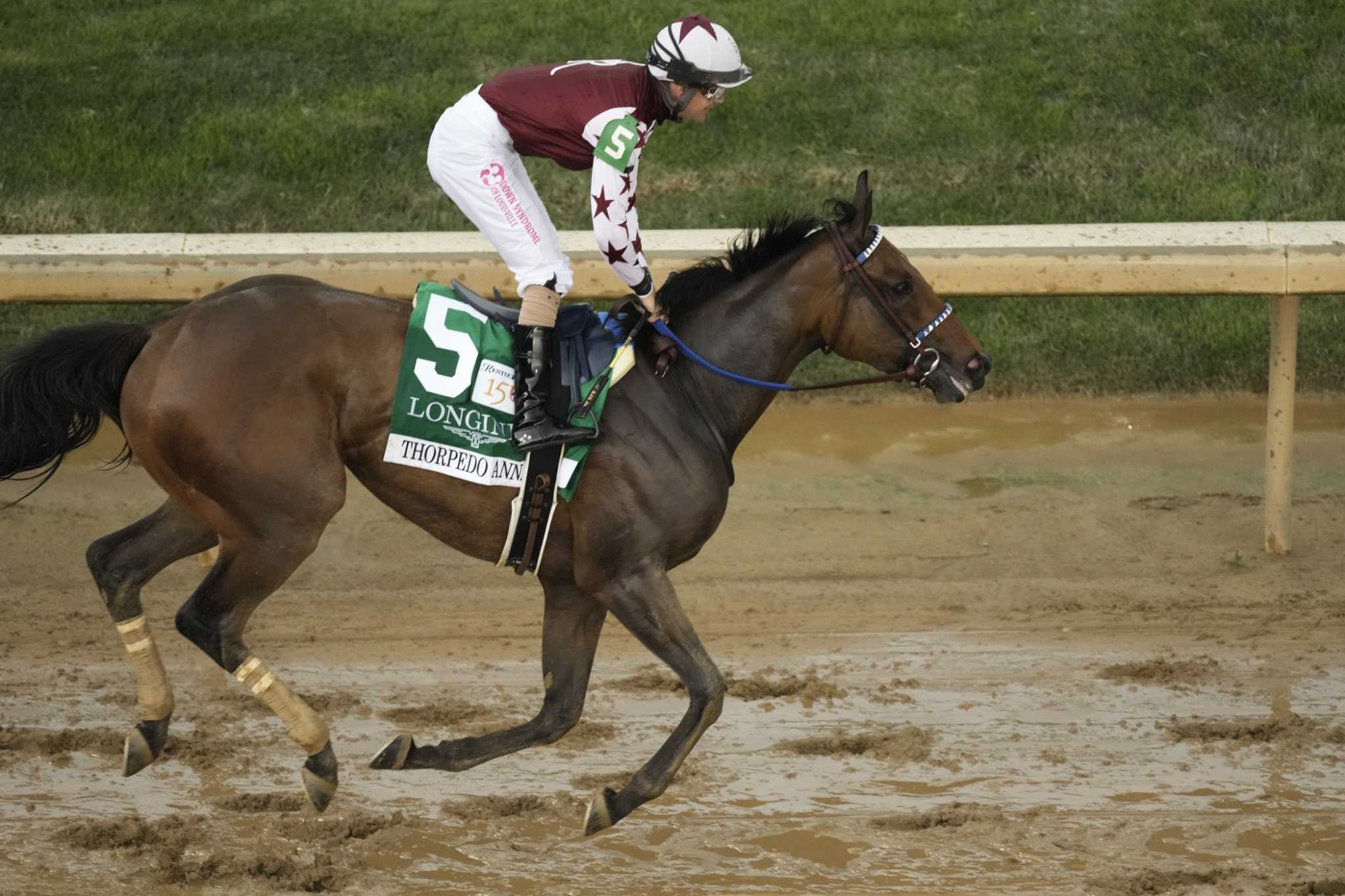 Filly Thorpedo Anna goes wire to wire to dominate soggy 150th Kentucky Oaks at Churchill Downs