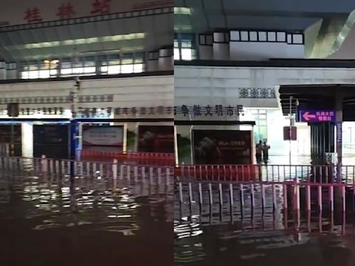 桂林火車站遇泥水倒灌 車站停擺、過站不停