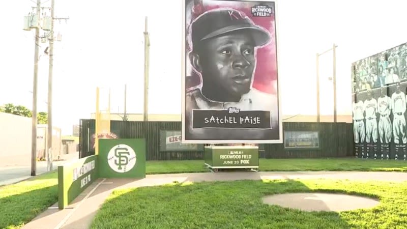 Large Satchel Paige baseball card on display in 18th & Vine District