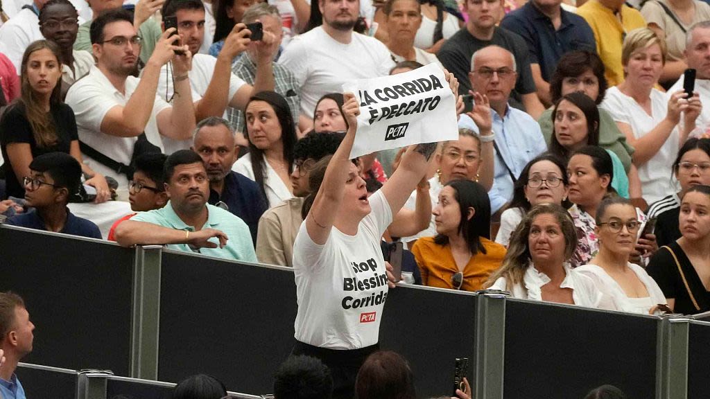 PETA protesters interrupt Pope's speech asking him to put an end to bullfighting