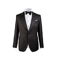 A formal suit worn by men for special occasions Includes a black jacket with satin lapels, black trousers with a satin stripe, and a white dress shirt May also include a black bow tie, cummerbund, and black patent leather shoes Materials may include wool, silk, or synthetic blends