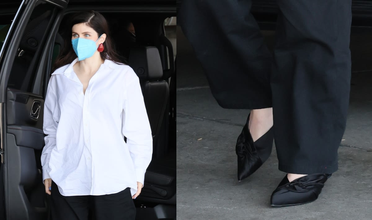 Alexandra Daddario Masters Pregnancy Style in Satin and Suede Black Pumps at San Diego Comic-Con 2024