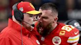 Travis Kelce Yells in Kansas City Chiefs Coach Andy Reid's Face on Super Bowl Sidelines