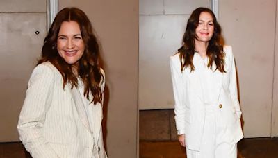 Drew Barrymore Means Business in Pin-striped Veronica Beard Suit While Visiting ‘CBS Mornings’