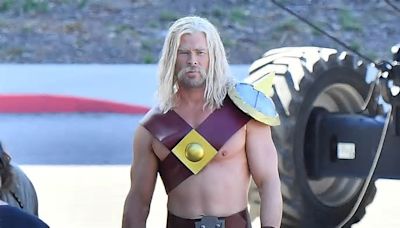 Chris Hemsworth flexes muscular form as sword-wielding Barbarian filming Clash of Clans commercial in LA with Christina Ricci, Ken Jeong, and more