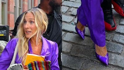 Sarah Jessica Parker Brings All the Drama in Glossy Purple Pumps While Filming ‘And Just Like That’ in New York