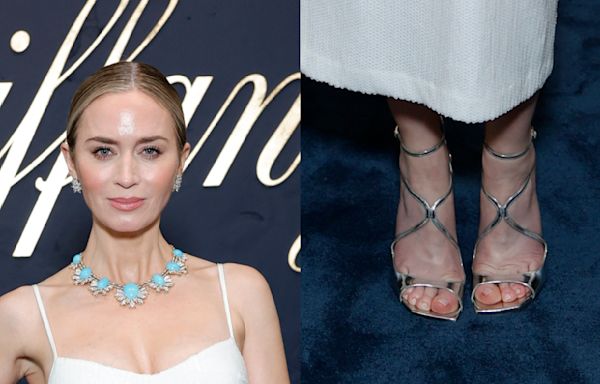Emily Blunt Gleams in Metallic Jimmy Choo Sandals at Tiffany & Co.’s Blue Book 2024 Celebration