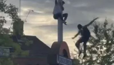 Terrifying moment cricket fan plunges from towering sign as crowds watch on