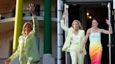 First Lady Jill Biden Dons Mint Green Power Suit With Daughter Ashley in Revolve Rainbow Dress...