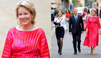 Queen Mathilde of Belgium Thinks Pink in Accordion Midi Dress for Daughter Princess Elisabeth’s Oxford Graduation