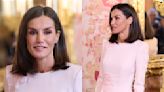 Queen Letizia of Spain Goes for Sharp Shoulders in Pink Midi Dress With Floral Appliqués for Palace Luncheon