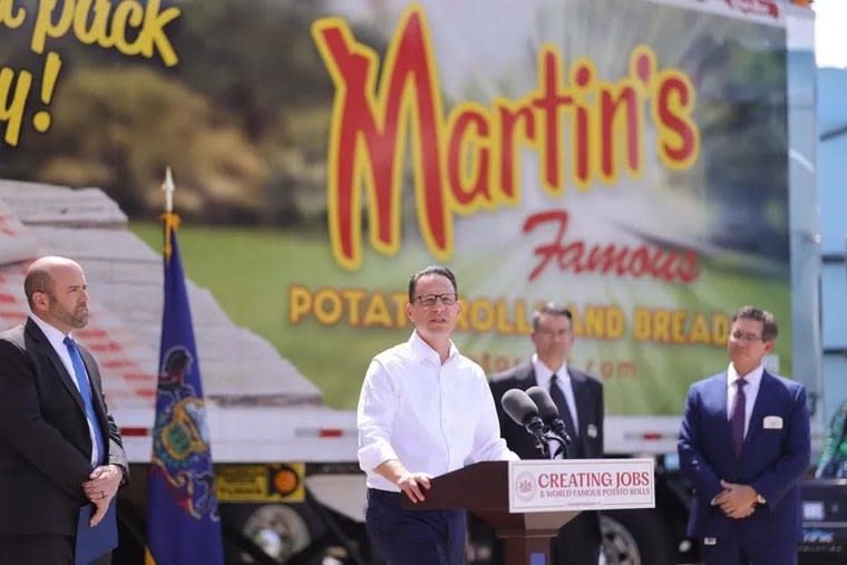 Gov. Josh Shapiro breaks bread with Martin’s Potato Rolls, one of Doug Mastriano’s top supporters