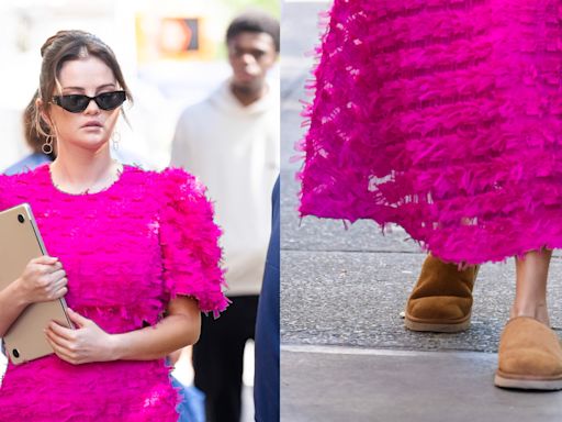 Selena Gomez Gets Comfy in Uggs in Ruffled Pink Dress on ‘Only Murders in the Building’ Set