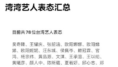 陸網列「灣灣藝人表態匯總」已有78人！他沒微博仍被出征