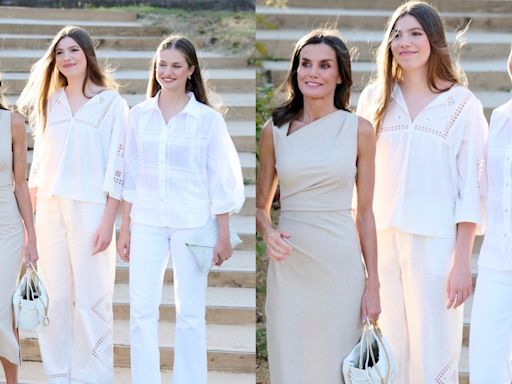 Queen Letizia of Spain Coordinates in Mango Dress With Daughters Princess Leonor and Princess Sofía for Girona Awards in Barcelona