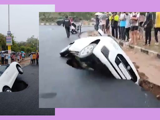 Car trapped as crater develops on road after heavy rain hits Gujarat. Watch video