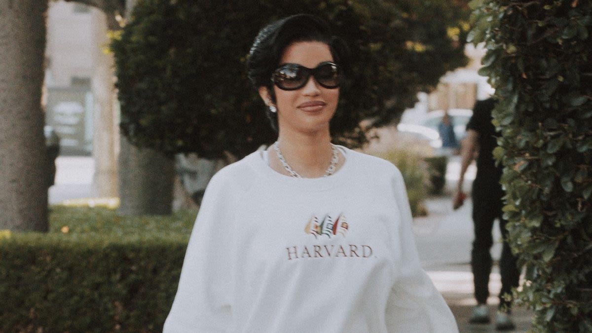 Cardi B Channels Princess Diana in a Harvard Sweatshirt and Biker Shorts