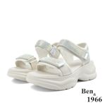 Ben&1966時尚燙鑽布流行休閒厚底涼鞋-米白(226282)