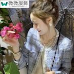 女 名媛圓領粗花呢外套 韓版氣質亮絲藍色 短款外套女生韓版 外套女生秋冬 秋冬上衣~~微微服飾