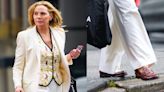 Kim Cattrall Adds Whimsical Touch to Summer Dressing With Quilted Escada Vest and Penny Loafers in NYC
