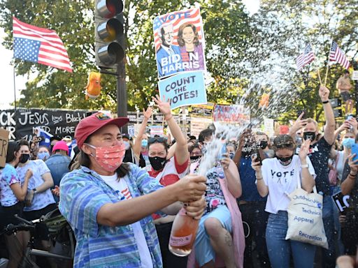 Jubilant Biden supporters party outside the White House and stick up signs mocking ‘loser’ Trump
