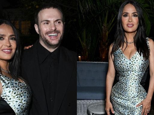 Salma Hayek Enlivens Exaggerated Cinched Waist With Gucci ‘Optical Illusion’ Dress at Miley Cyrus’ Flora Fragrance Party