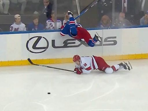 Rangers' Jacob Trouba Face-Planted Into Wall After Missing Dangerous Hit vs. Hurricanes