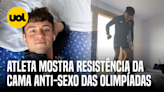 ATLETA MOSTRA RESISTÊNCIA DA CAMA ANTI-SEXO DAS OLIMPÍADAS