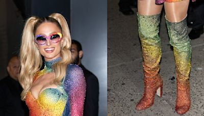 Paris Hilton Is Bathed in the Rainbow, Wearing Stoned Over-the-Knee Boots to Alice + Olivia’s Pride Party