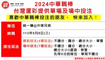 運彩》2024中華職棒賽季 台灣運彩單場及場中首發來了！