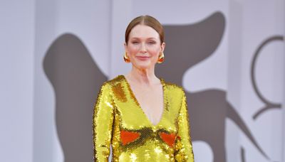 Julianne Moore Is a Glittery Gold Goddess in Custom Bottega Veneta Gown at Venice Film Festival