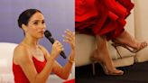 Lady in Red: Meghan Markle Slips Into Aquazzura So Nude Slingbacks at Women in Leadership in Nigeria