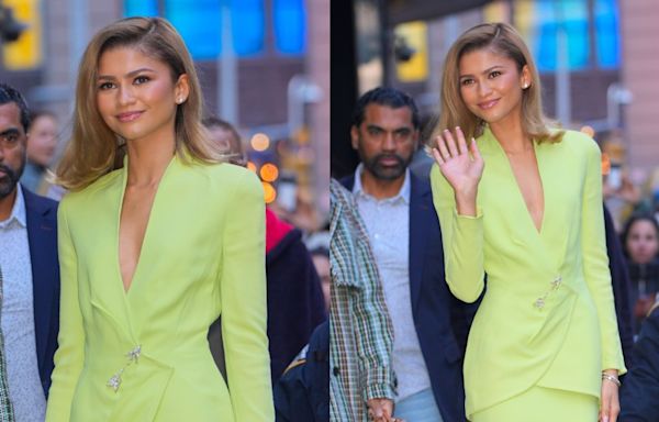 Zendaya Lights Up ‘Live With Kelly and Mark’ in Tennis Ball-green Vintage Mugler Skirt Suit, Talks New ‘Challengers’ Movie