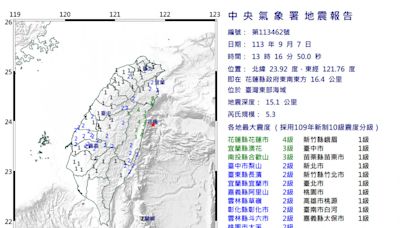 東部海域發生規模5.3地震 最大震度4級