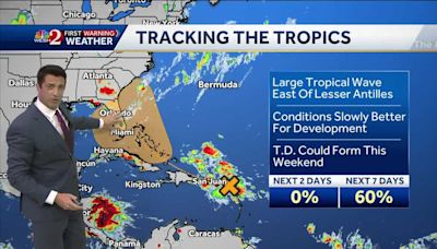 A few storms this evening while a tropical wave shows signs of organization.