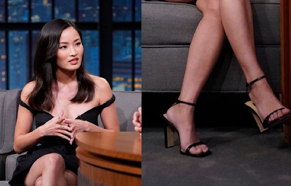 Anna Sawai Talks ‘Shōgun’ Emmy Nomination in Geometric Black Sandal Heels on ‘Late Night With Seth Meyers’