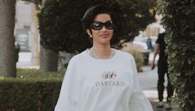 Cardi B Channels Princess Diana in a Harvard Sweatshirt and Biker Shorts