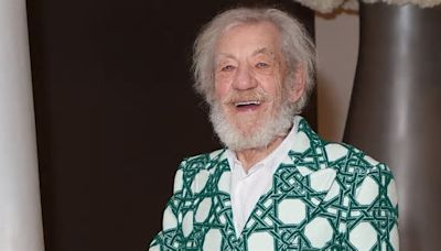 Sir Ian McKellen, 84, sports a jazzy Casablanca green coat and long beard as he celebrates West End show Player Kings' rave reviews at after party