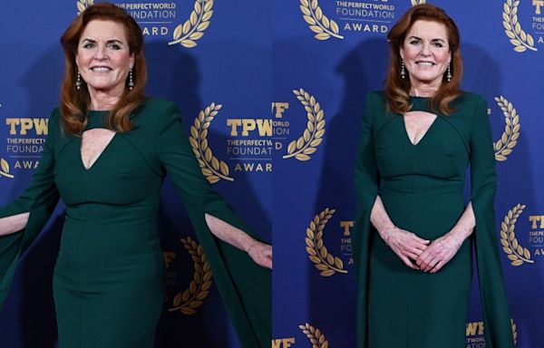 Sarah Ferguson, Duchess of York Goes Green in Safiyaa Dress for the Perfect World Foundation’s Honorary Conservation Award Red Carpet