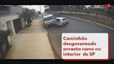 Caminhão desgovernado bate e arrasta carro em Matão; VÍDEO