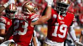 San Francisco 49 ers' Christian McCaffrey celebrates his fourth touchdown of the game with San Francisco 49 ers' Deebo Samuel against the Arizona Cardinals in the fourth...