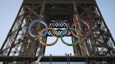 Olympic rings mounted on the Eiffel Tower